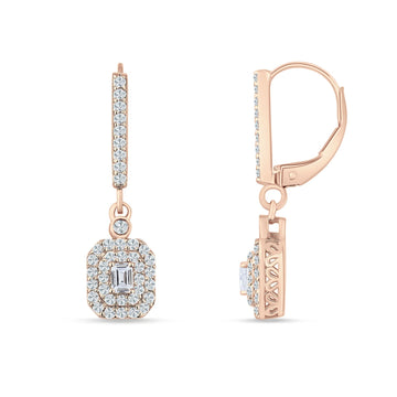 Emerald Cut Cluster CZ Dangle Hoop Leverback Earrings Rose Tone 925 Sterling Silver
